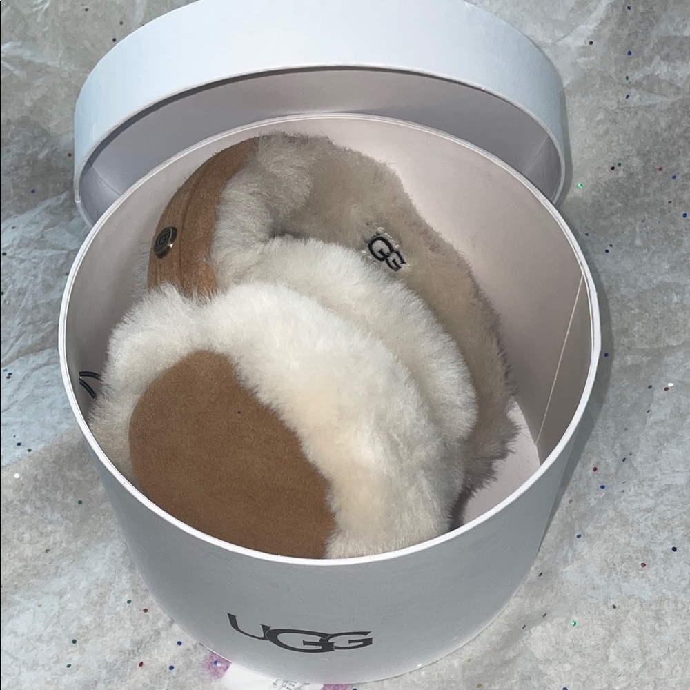 UGG Sheepskin Earmuffs in Brown and Cream comes with box